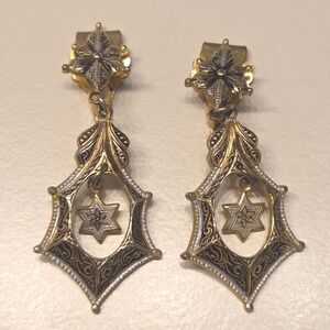 Vintage DAMASCENE Gold Tone Starburst Dangle Earrings Clip On Toledo